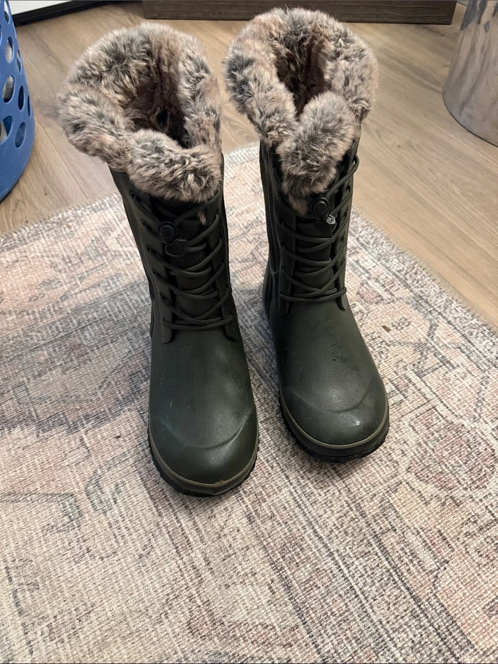 Bogs Kids Olive Green Fur-Trim Lace-Up Winter Boots